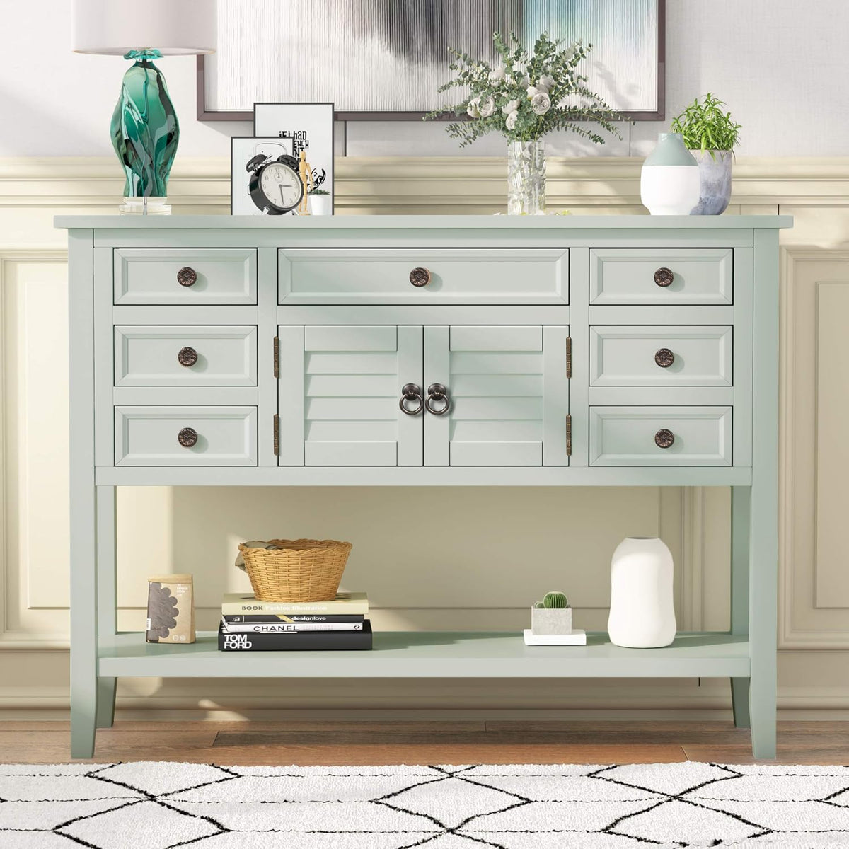 Light Blue 7-Drawer Console Table with Doors and Bottom Shelf C40359