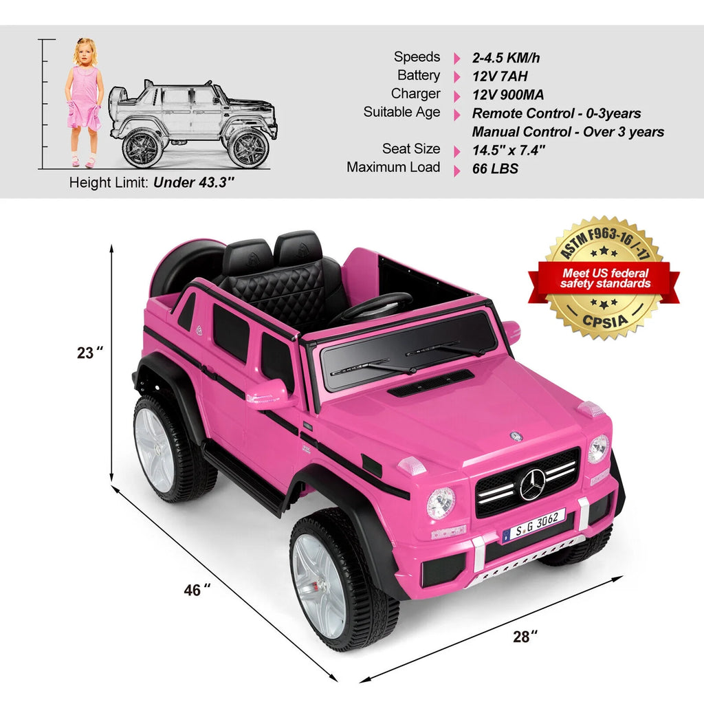 12V Kids Ride On Car with Remote Control, 3 Speeds, LED Lights, Bluetooth, Music (Pink) G347