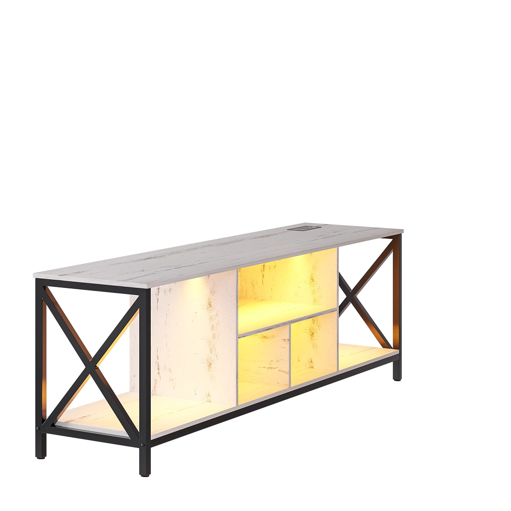 White LED TV Stand with Charging Station and Storage Cabinet F953