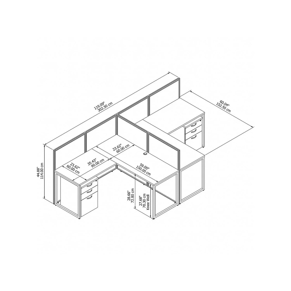 2 Person L Desk with Drawers and Panels in White P7970