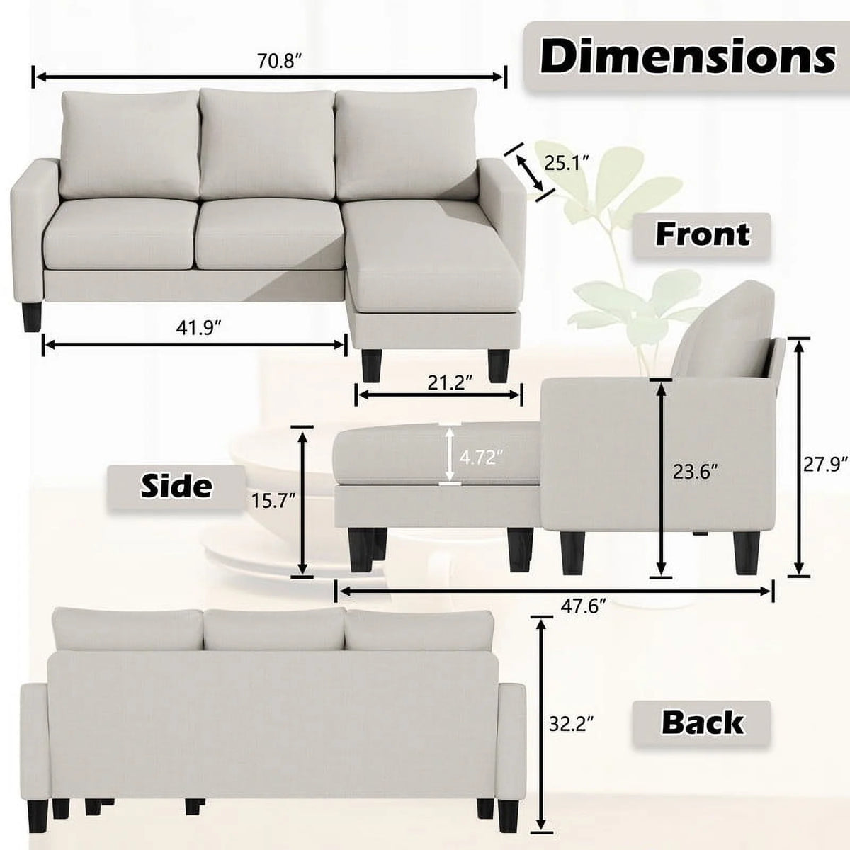 Modern Linen Fabric L-Shaped Sectional Sofa with Reversible Chaise, Dark Gray G26650