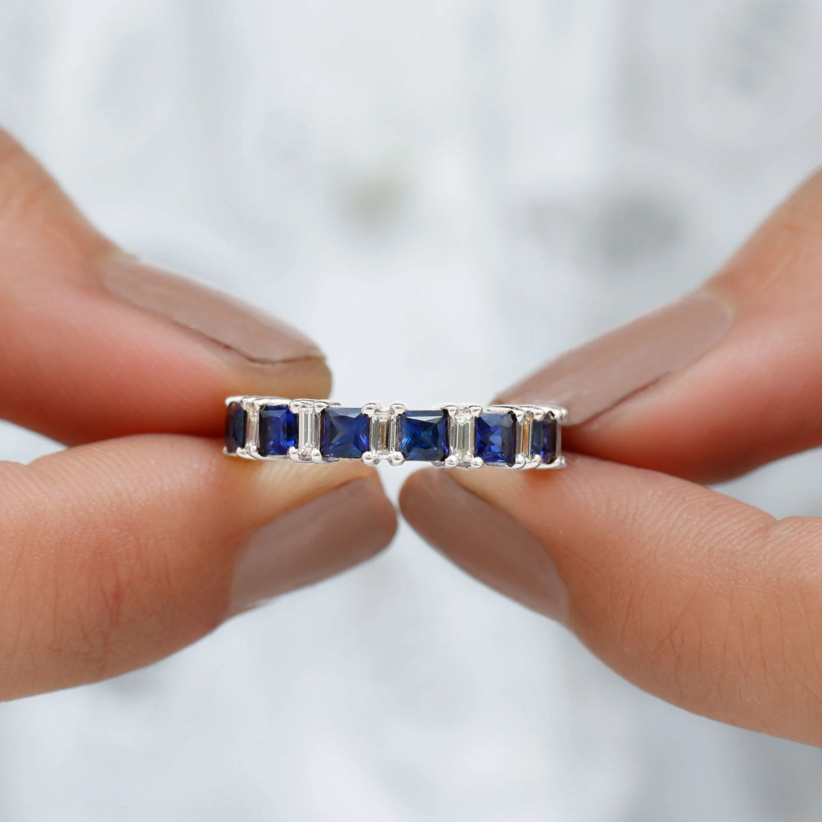 Lab Created Blue Sapphire Half Eternity Ring with Diamond - 2 CT, 14K White Gold, US 6.00 O831055
