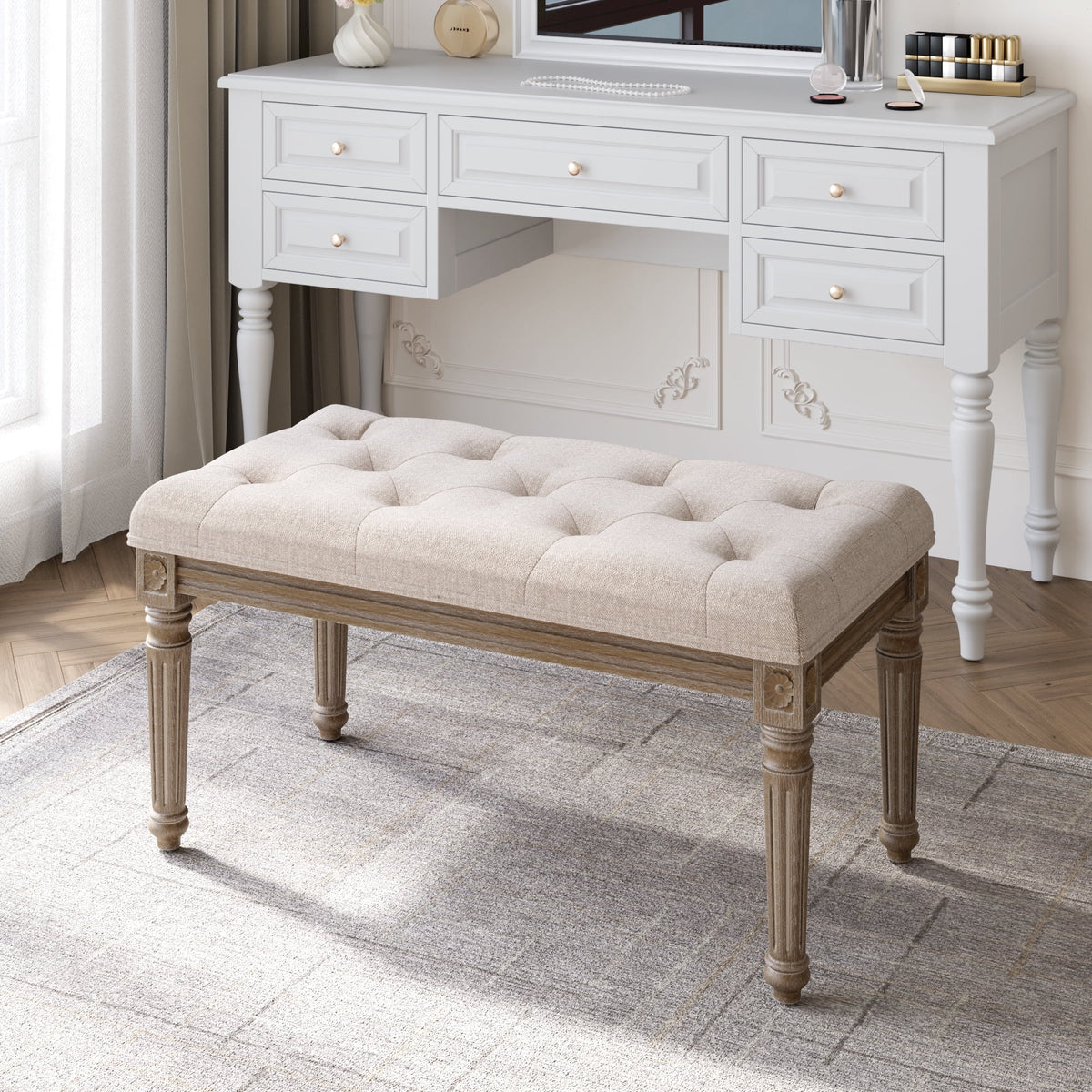 Upholstered Button Tufted Cushion Bench with Carved Wooden Legs U985748