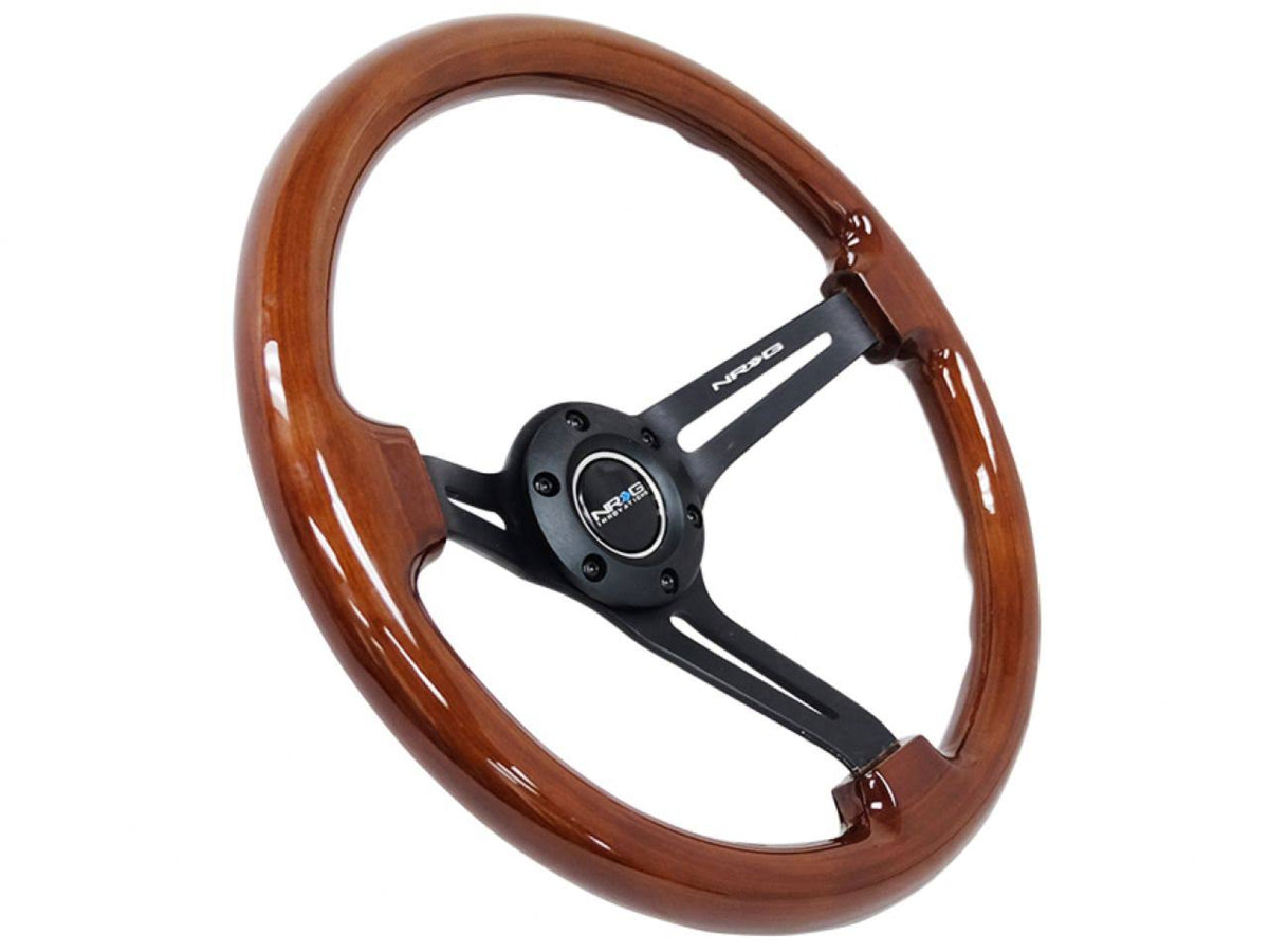 3-Spoke 350mm Brown Wood Grain Steering Wheel with Black Matte Spokes U569