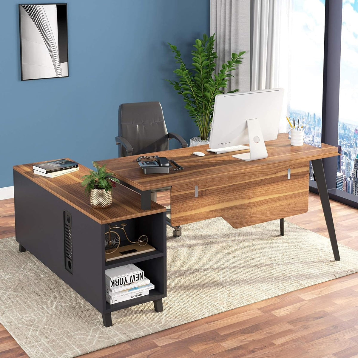 Large L-Shaped Desk with Storage and File Cabinet, Dark Walnut Stainless Steel Legs V8907