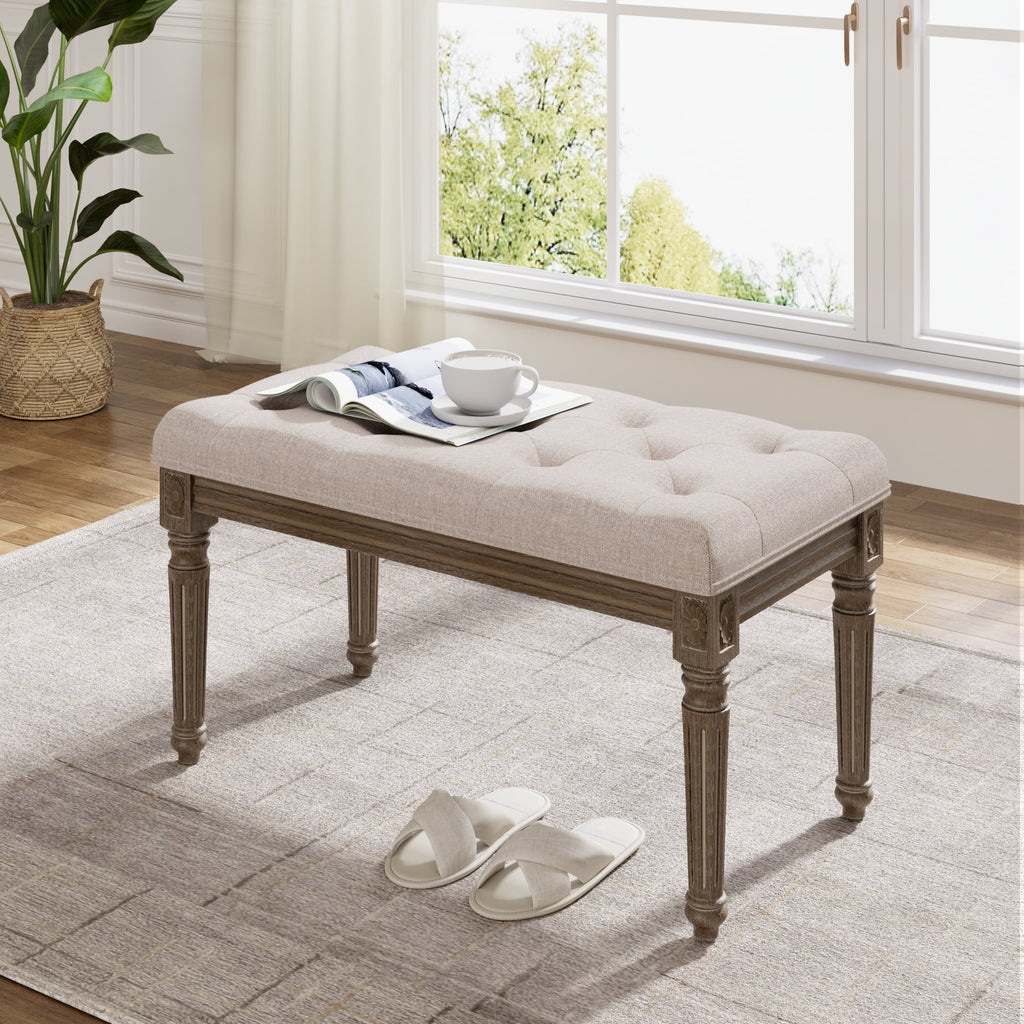 Upholstered Button Tufted Cushion Bench with Carved Wooden Legs U985748