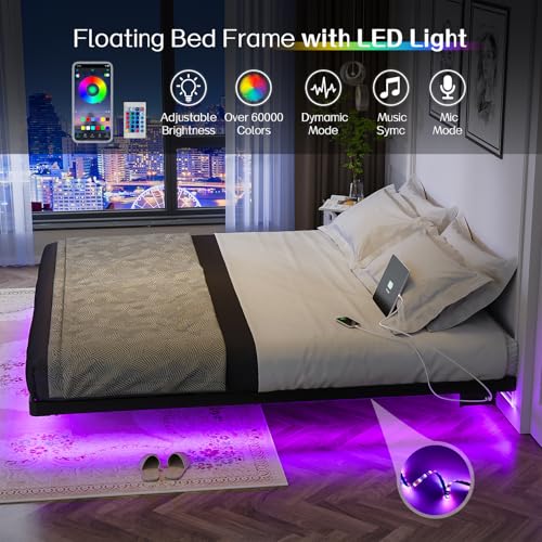 Full Size Metal Platform Bed with LED Lights and Charging Station W250