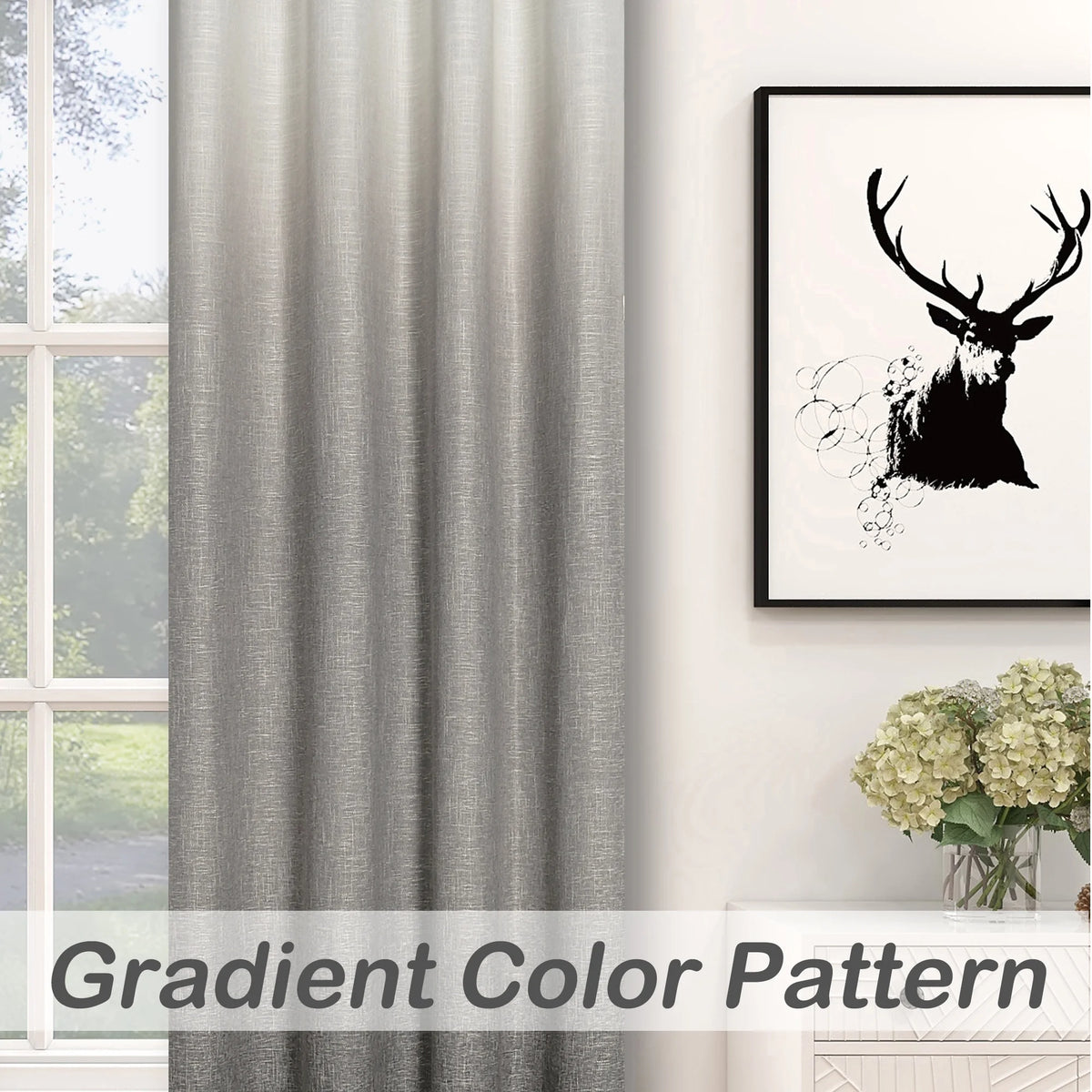 White Gray Ombre Full Blackout Curtains Linen Texture with Grommet, 50"x63"x2 M37638