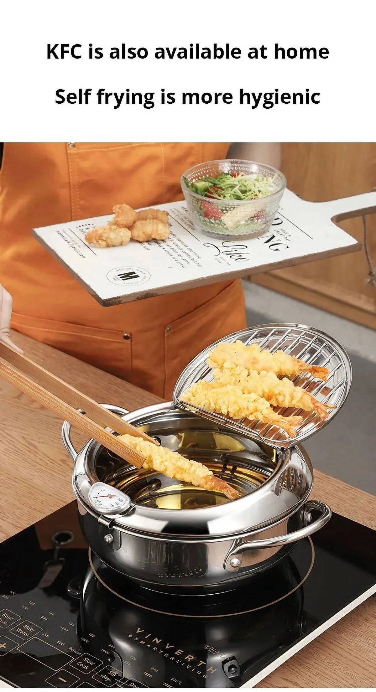 Stainless Steel Oil Pan with Thermometer and Cover S12090