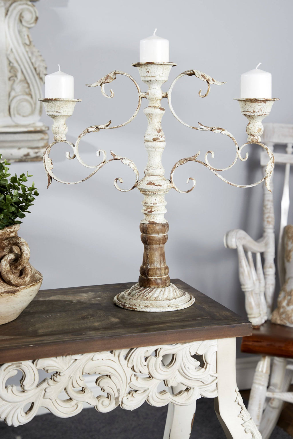 White Metal and Wood Candelabra with 3 Candle Holder Z103