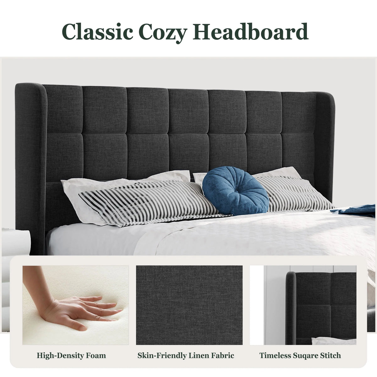Queen Size Dark Grey Platform Bed with Wingback Headboard A70861