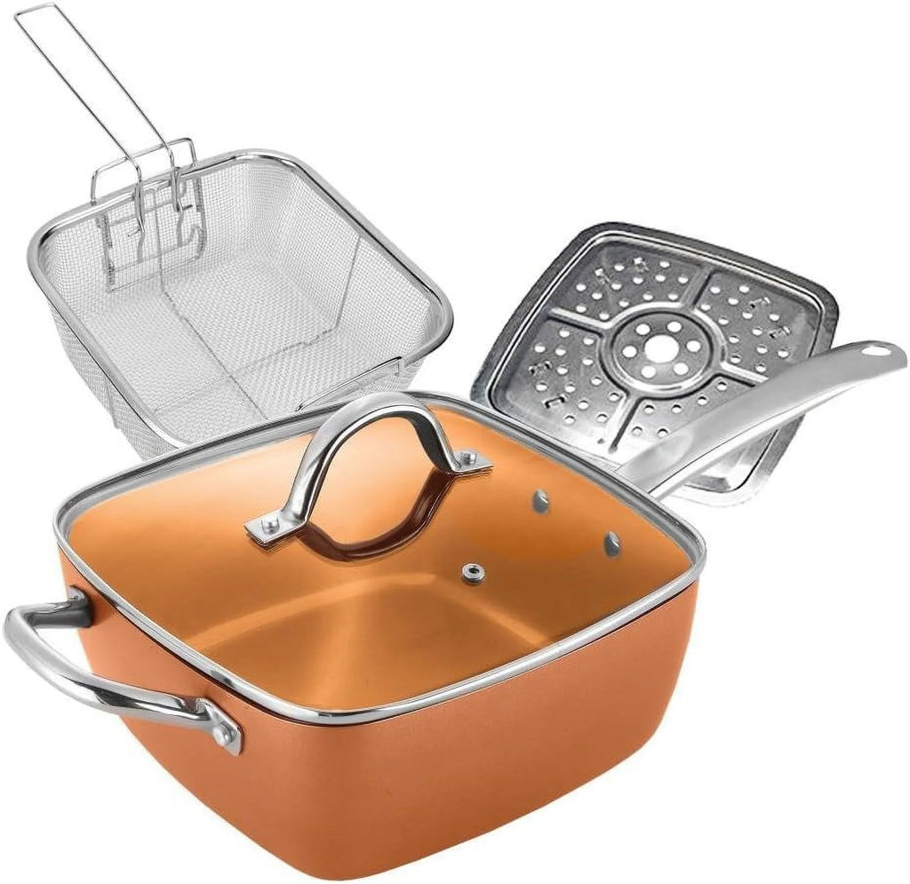 Copper Ceramic Non-Stick 5 Piece Pan Set with Fry Basket Steamer & Glass Lid Y158