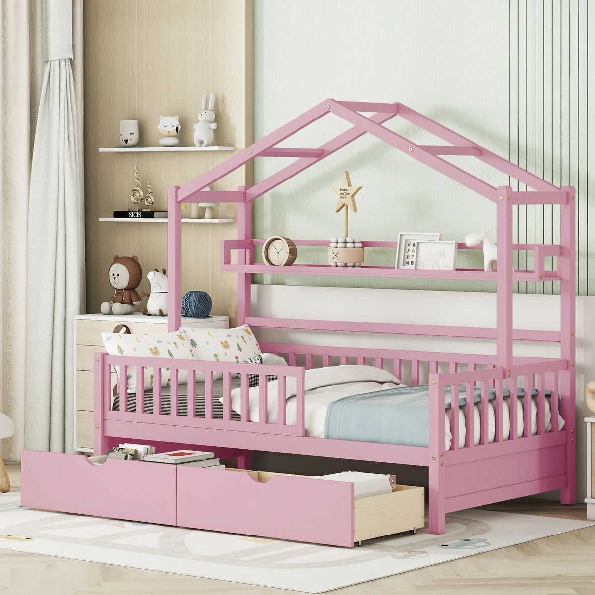 Twin Size Wooden House Bed with 2 Drawers W2905