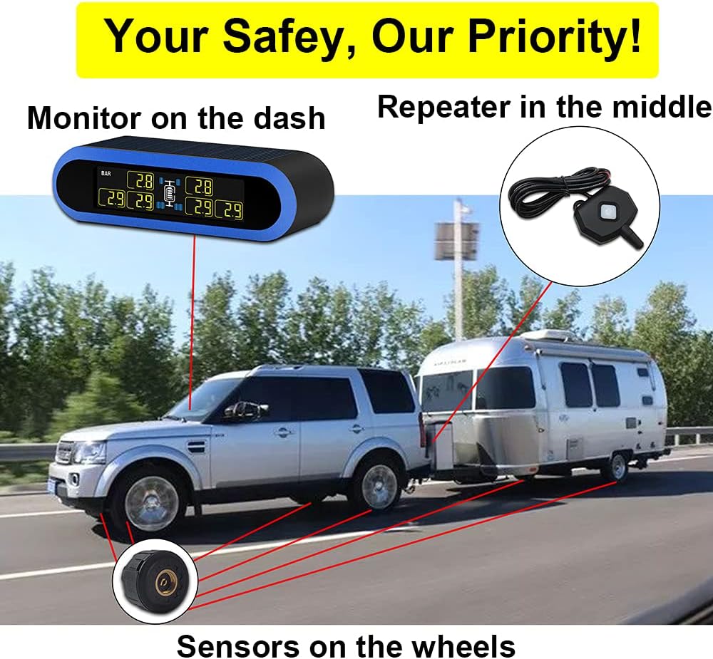Solar-Powered Digital Tire Pressure Monitoring System (TPMS), 80ft Sensing Distance, 0-199 psi M124