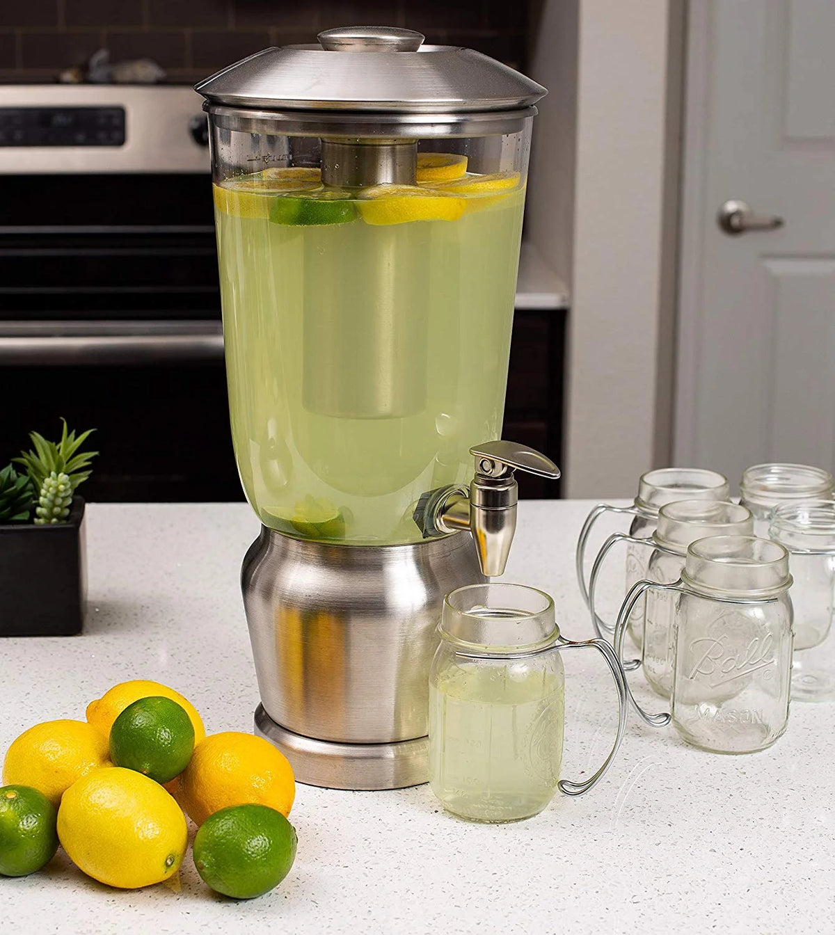 1.5 Gallon Stainless Steel Beverage Dispenser with Ice Container, Stand & Spigot Y235756