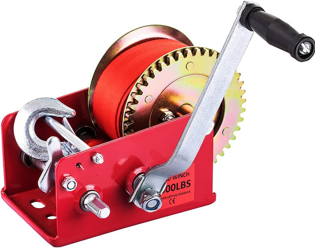 Hand Winch Heavy Duty 3500lbs with Nylon Strap and Ratchet Handle Hook 2 Gear Manual Crank Towing Winch (2500 Red) Pack of 2 U563