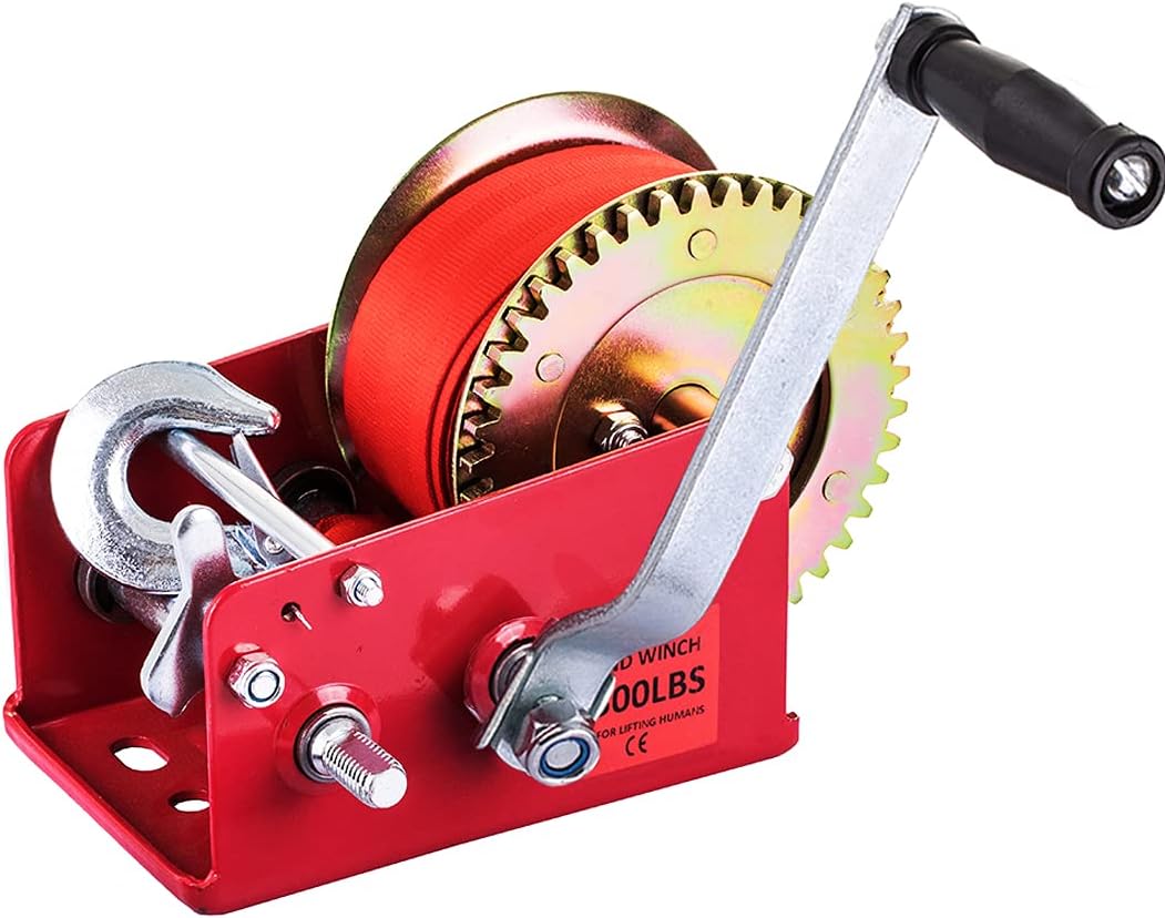Hand Winch Heavy Duty 3500lbs with Nylon Strap and Ratchet Handle Hook 2 Gear Manual Crank Towing Winch (2500 Red) Pack of 2 U563