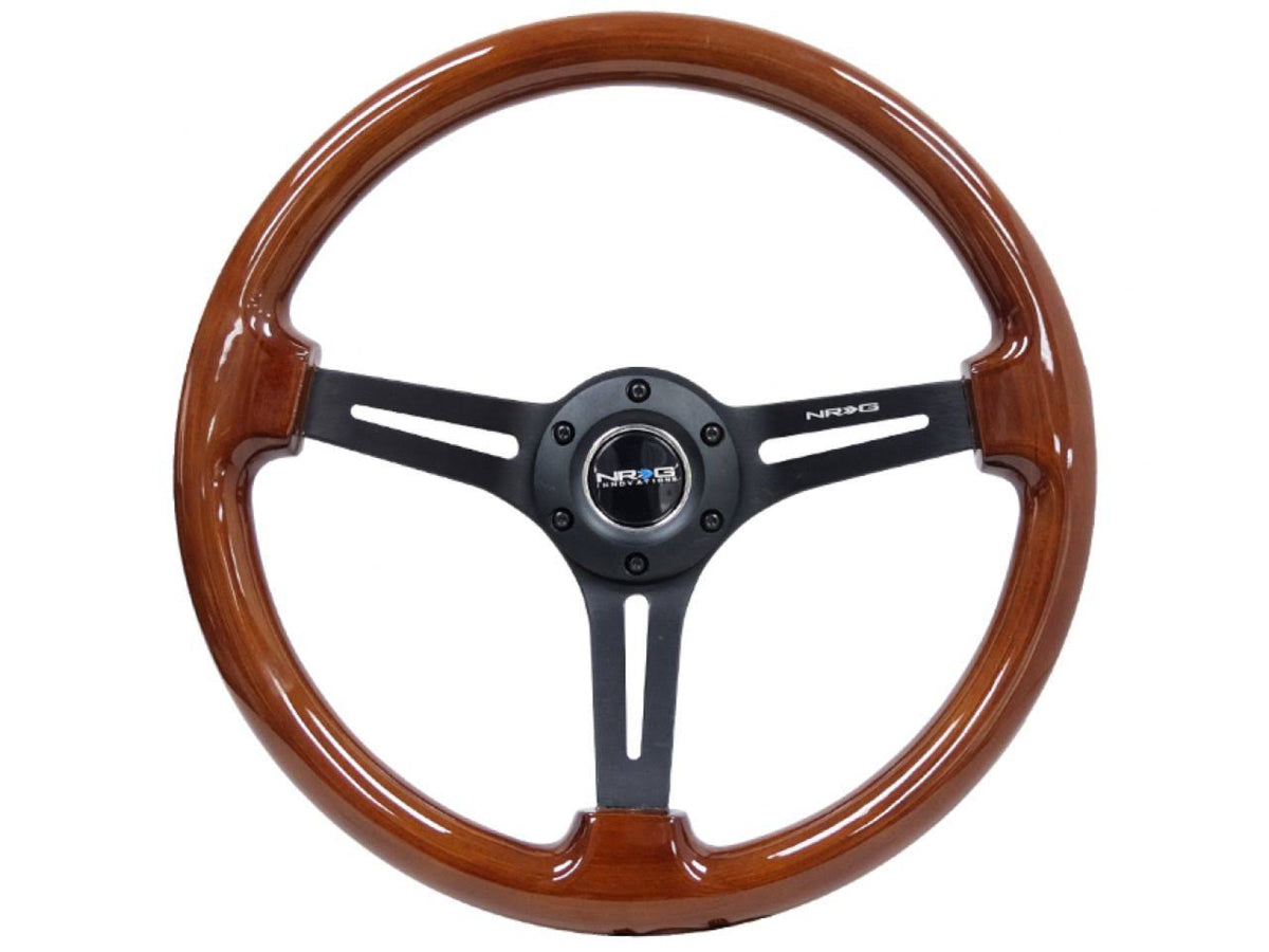 3-Spoke 350mm Brown Wood Grain Steering Wheel with Black Matte Spokes U569
