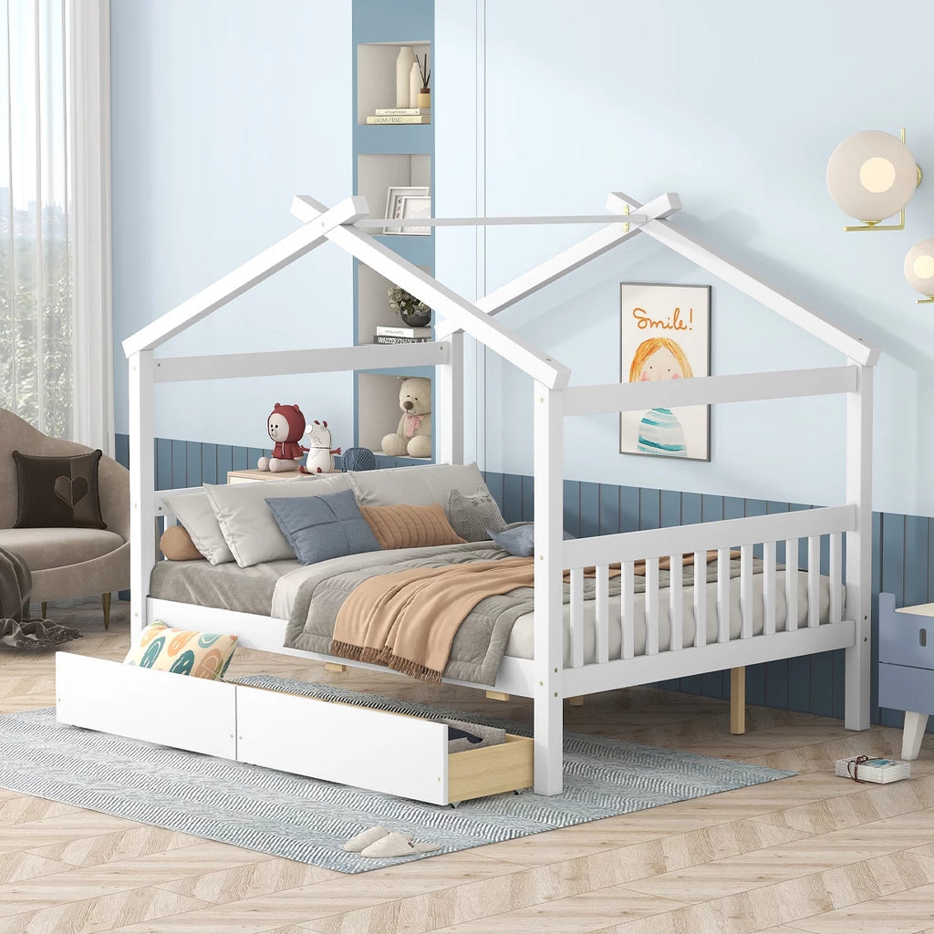 Full Size White Wooden House Bed with Drawers B2086