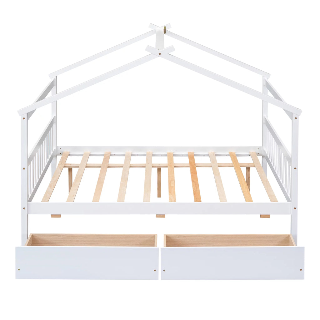Full Size White Wooden House Bed with Drawers B2086
