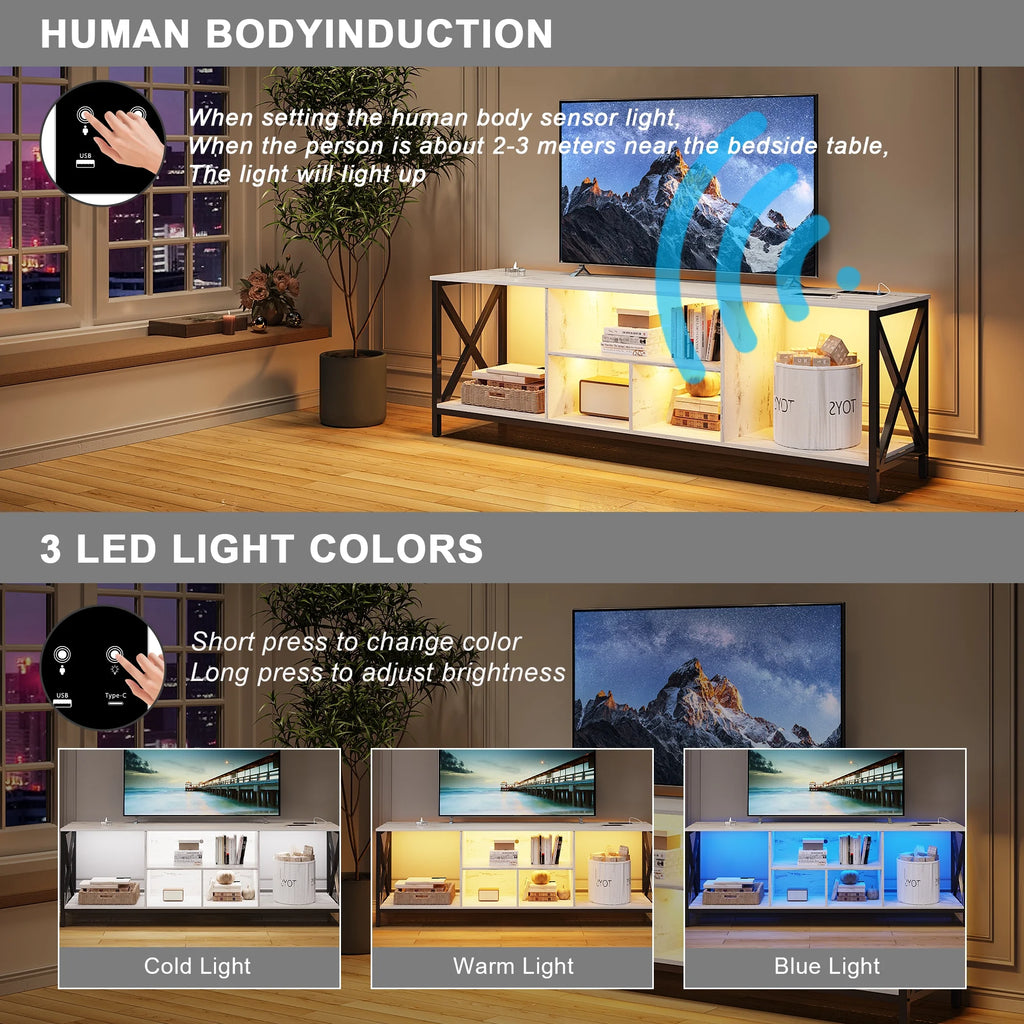 White LED TV Stand with Charging Station and Storage Cabinet F953