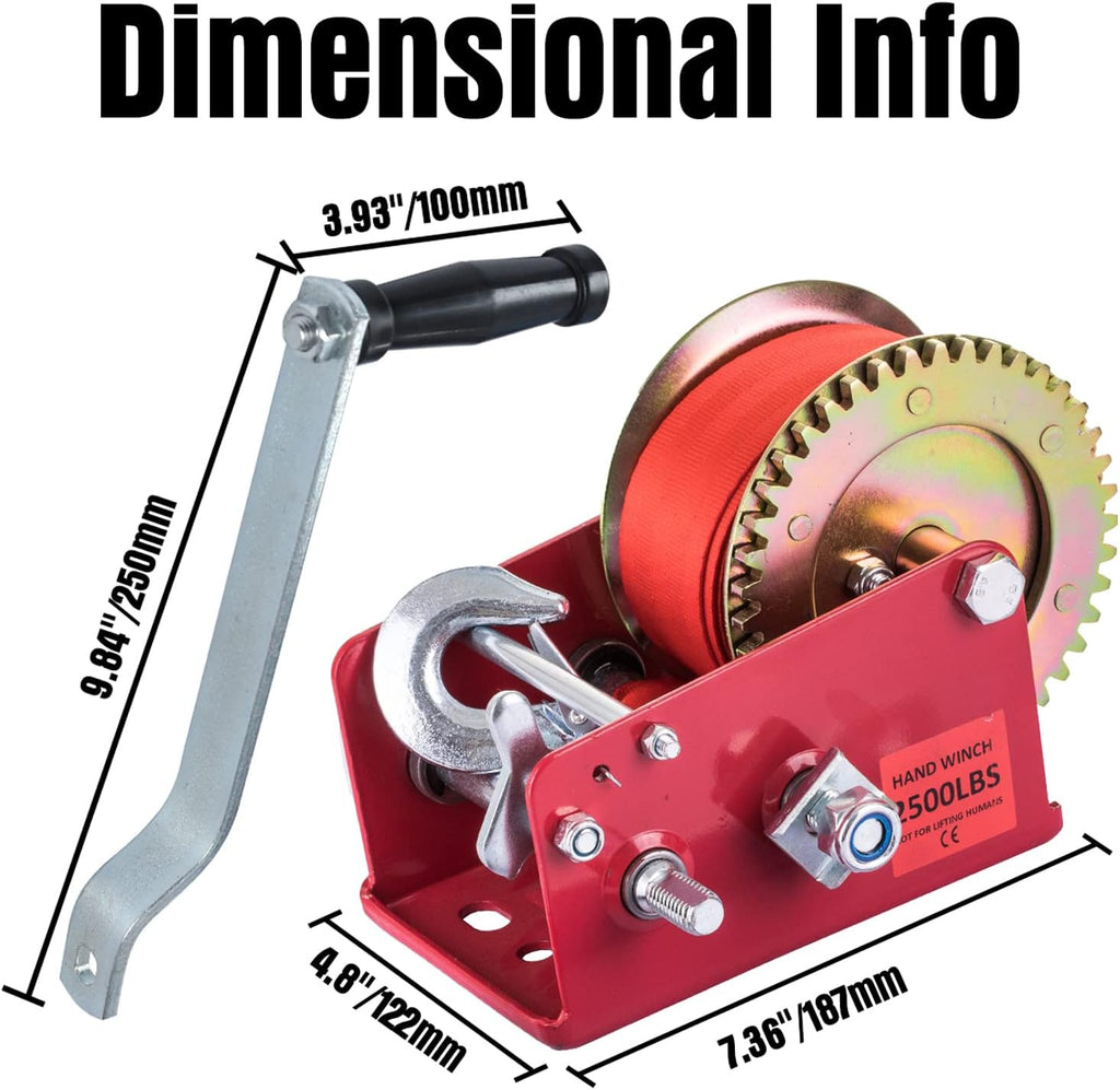 Hand Winch Heavy Duty 3500lbs with Nylon Strap and Ratchet Handle Hook 2 Gear Manual Crank Towing Winch (2500 Red) Pack of 2 U563