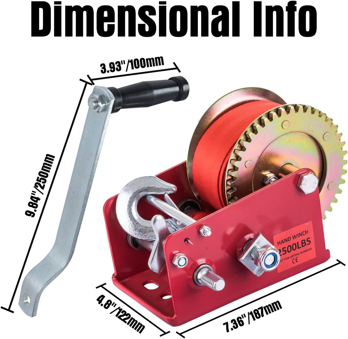 Hand Winch Heavy Duty 3500lbs with Nylon Strap and Ratchet Handle Hook 2 Gear Manual Crank Towing Winch (2500 Red) Pack of 2 U563