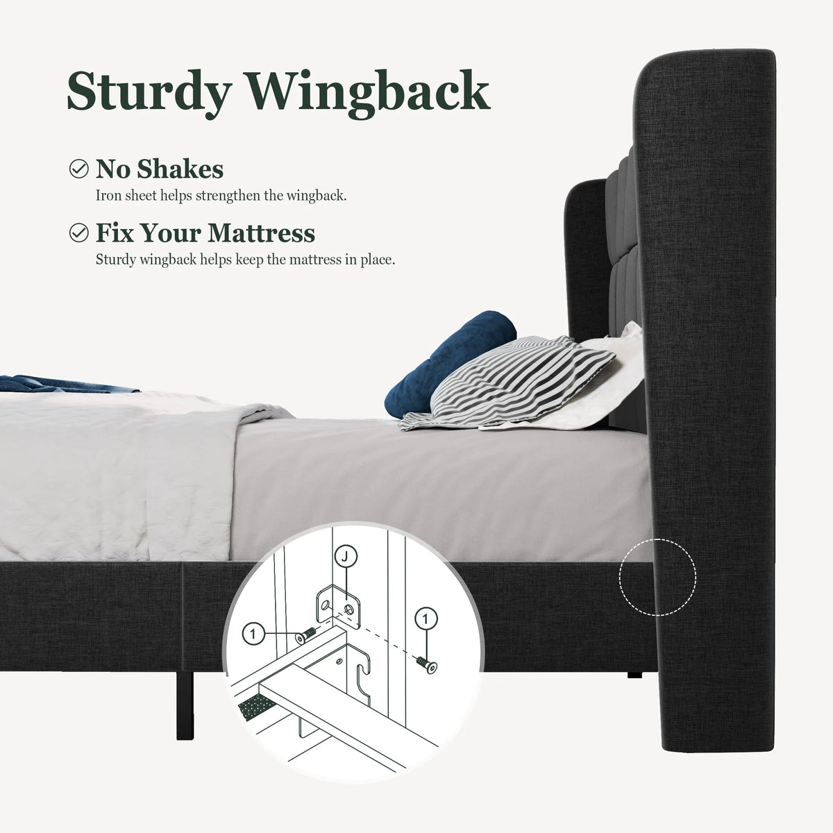 Queen Size Dark Grey Platform Bed with Wingback Headboard A70861