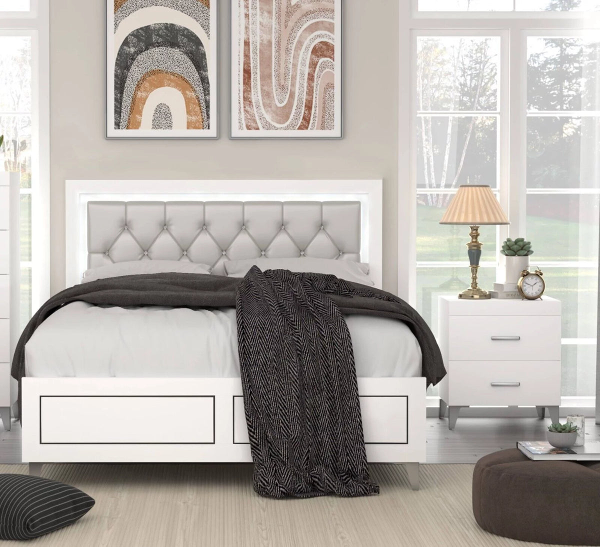 White 5pc Queen Size Bedroom Set with LED Headboard Nightstand Dresser Chest Mirror L70928