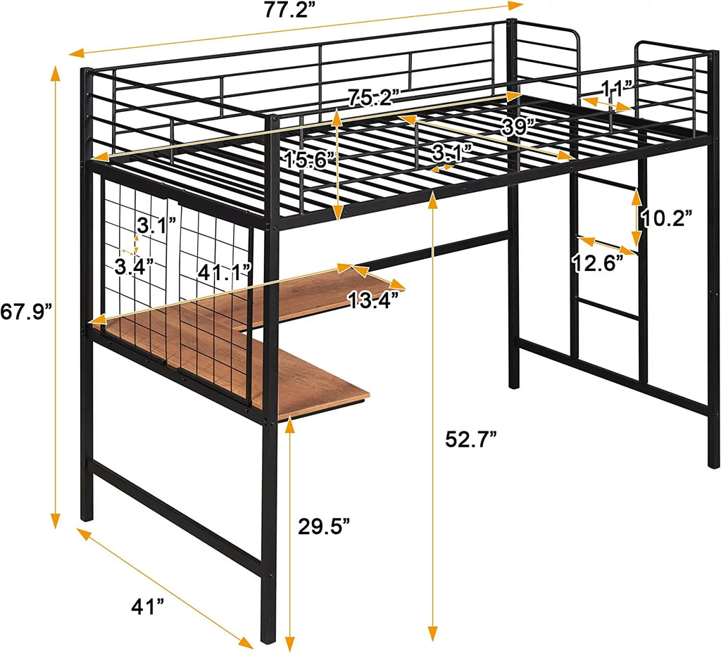 Metal Loft Bed with L-Shape Desk and Guardrails N531527