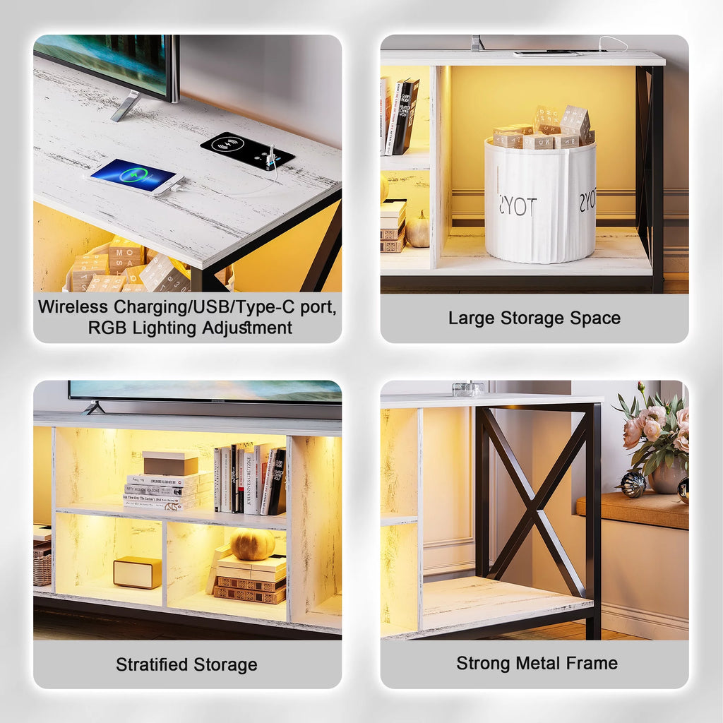 White LED TV Stand with Charging Station and Storage Cabinet F953