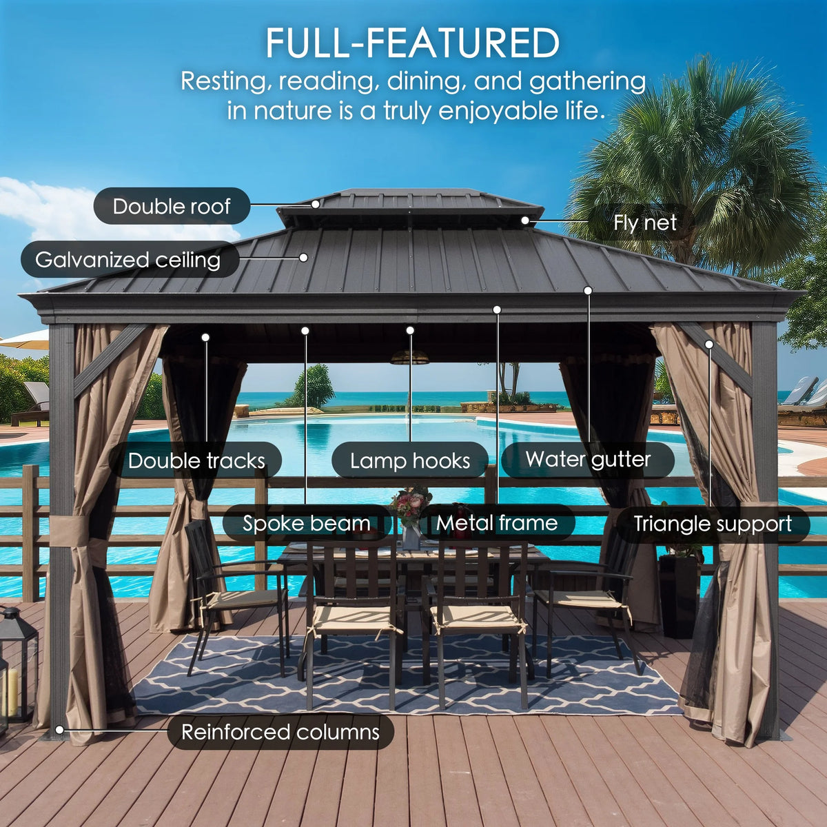 Hardtop Aluminum Gazebo with Mosquito Net and Privacy Sidewalls G326757