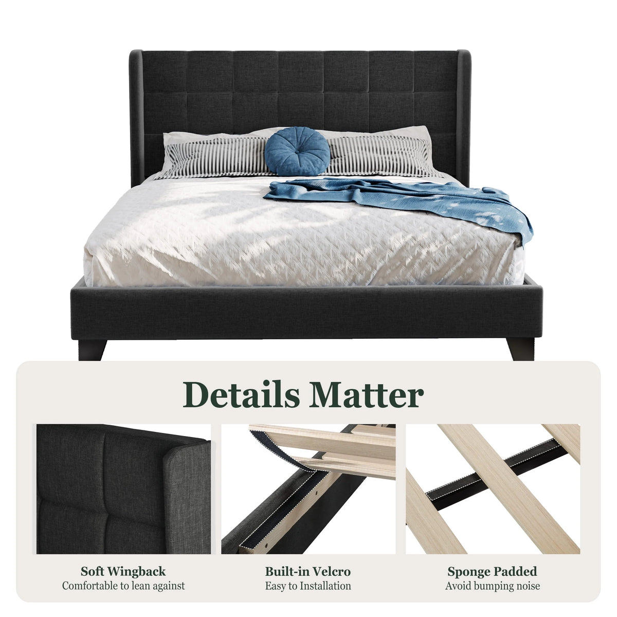 Queen Size Dark Grey Platform Bed with Wingback Headboard A70861