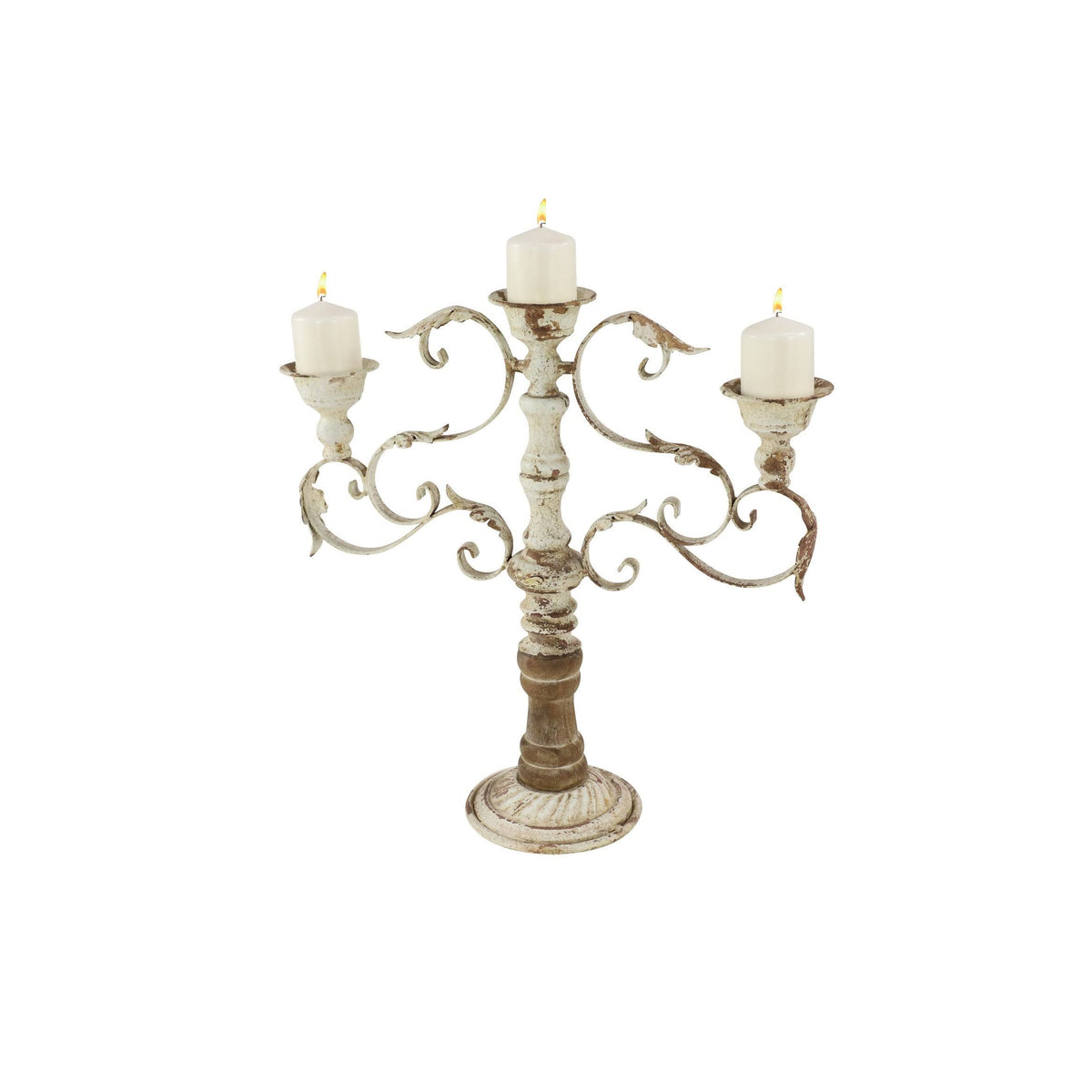 White Metal and Wood Candelabra with 3 Candle Holder Z103