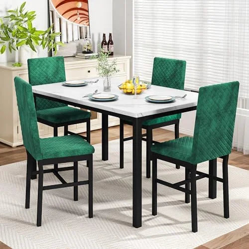 Dining Table and Chairs Set of 4 Faux Marble White C554780