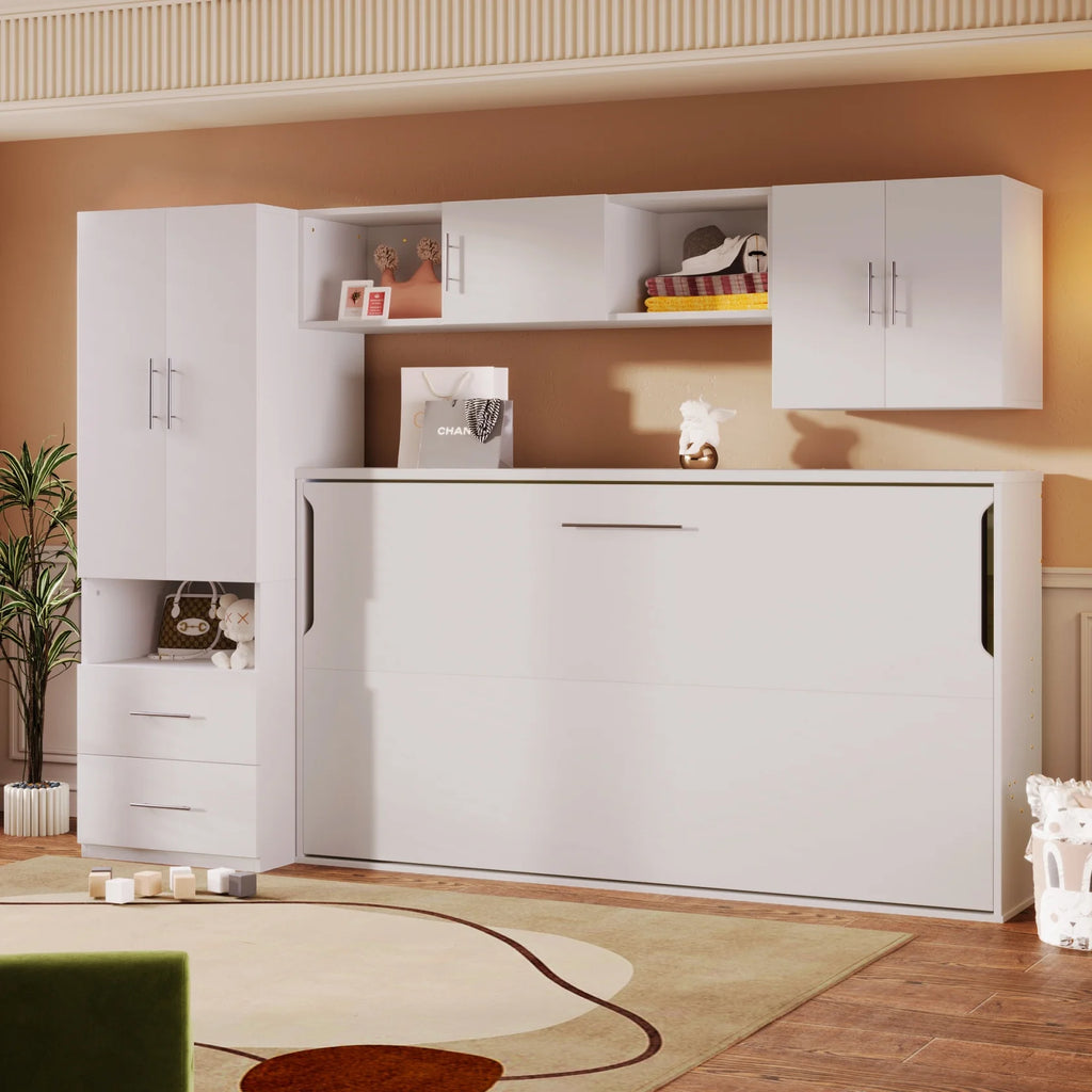 Twin Size Murphy Bed with Shelves and Storage Drawers V7516