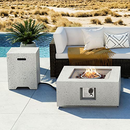 28" Terrazzo Round Propane Fire Pit Table Set with Tank Cover Side Table M54215
