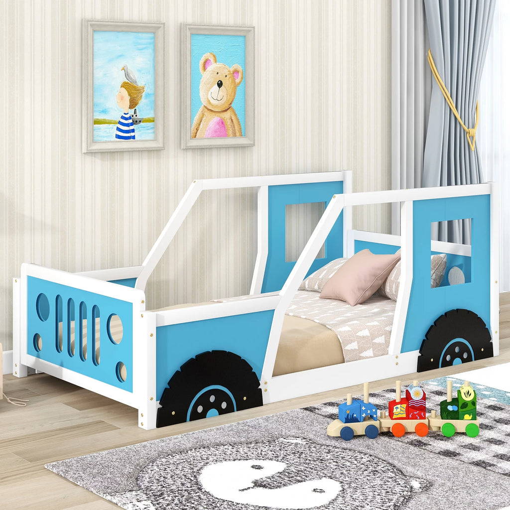 Twin Size Wood Platform Bed Frame with Wheels K56447