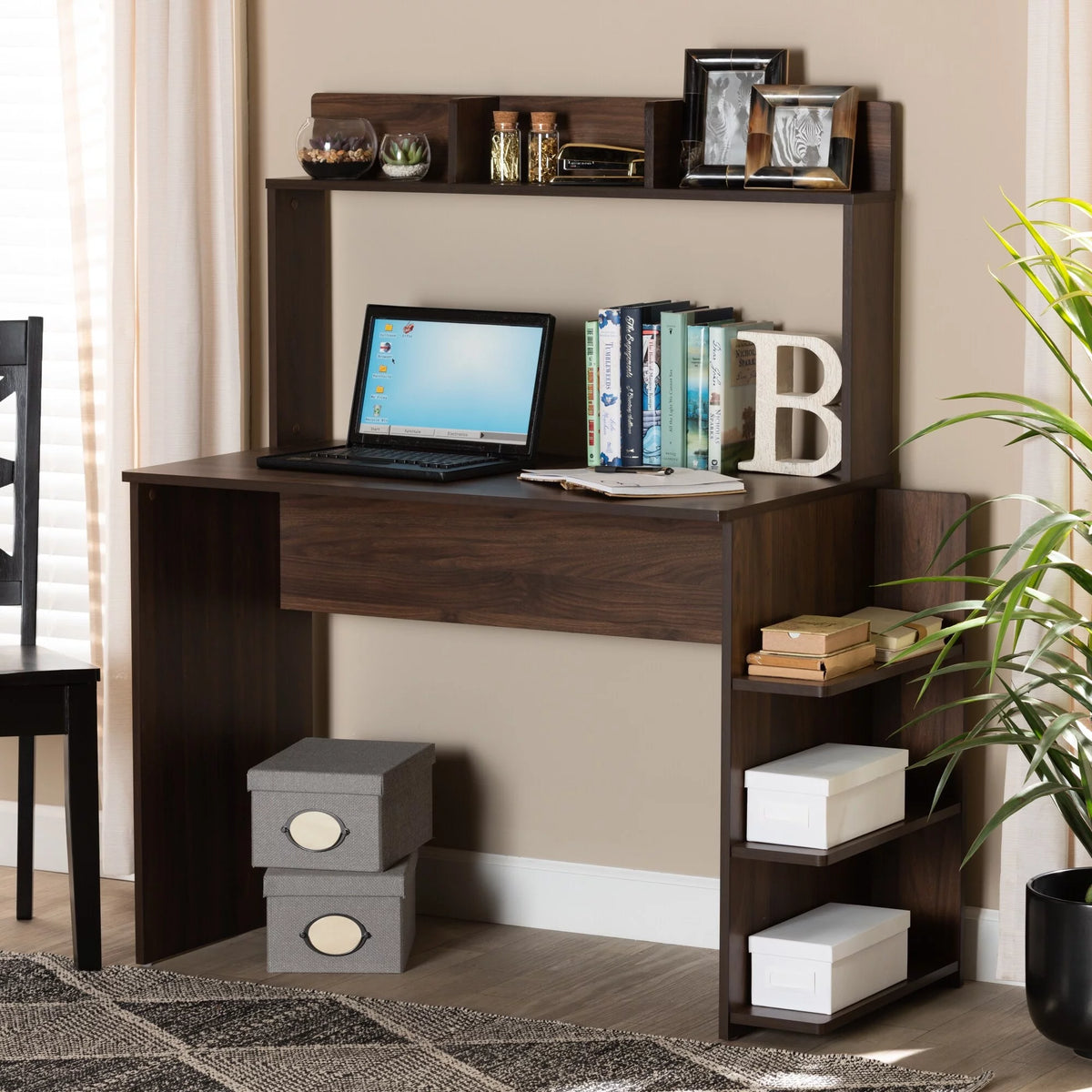 Walnut Brown Finished Wood Desk with Shelves E2869
