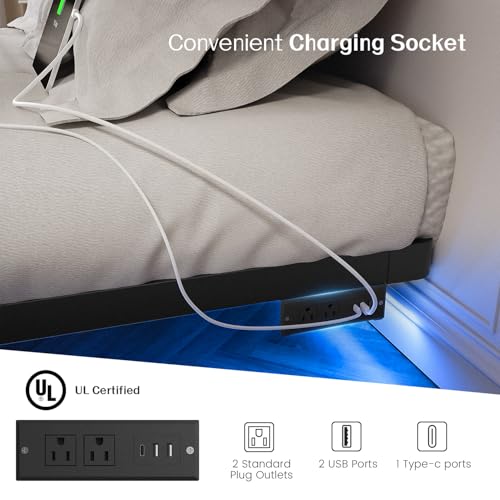 Full Size Metal Platform Bed with LED Lights and Charging Station W250